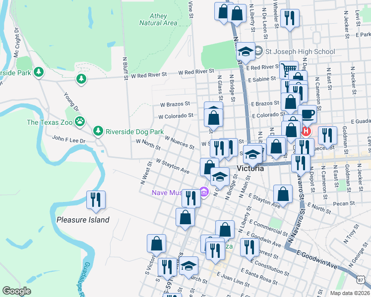 map of restaurants, bars, coffee shops, grocery stores, and more near 803 North Craig Street in Victoria