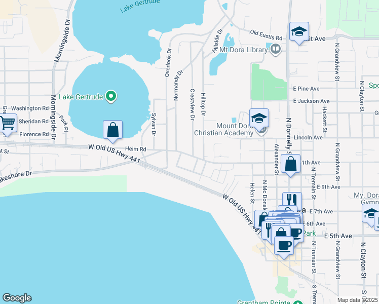 map of restaurants, bars, coffee shops, grocery stores, and more near 1218 Crestview Drive in Mount Dora
