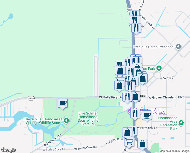 map of restaurants, bars, coffee shops, grocery stores, and more near 8975 West Halls River Road in Homosassa