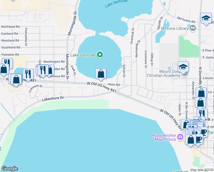 map of restaurants, bars, coffee shops, grocery stores, and more near 1343 Heim Road in Mount Dora