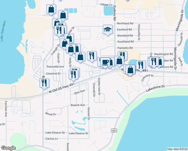 map of restaurants, bars, coffee shops, grocery stores, and more near 14 Circle Drive in Mount Dora