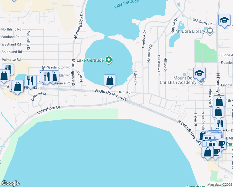 map of restaurants, bars, coffee shops, grocery stores, and more near 1338 Heim Road in Mount Dora