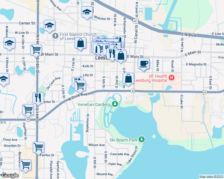 map of restaurants, bars, coffee shops, grocery stores, and more near 310 West Dixie Avenue in Leesburg