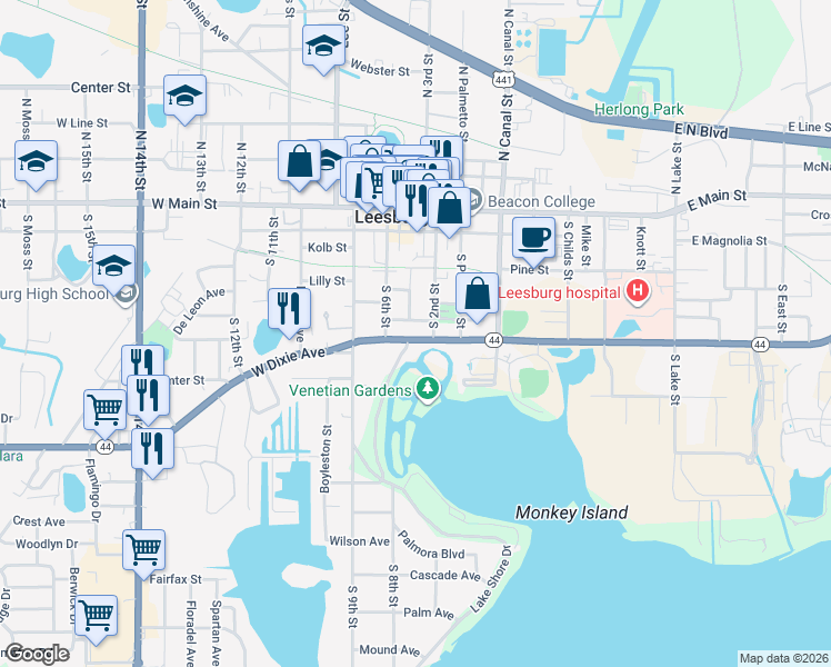 map of restaurants, bars, coffee shops, grocery stores, and more near 310 West Dixie Avenue in Leesburg