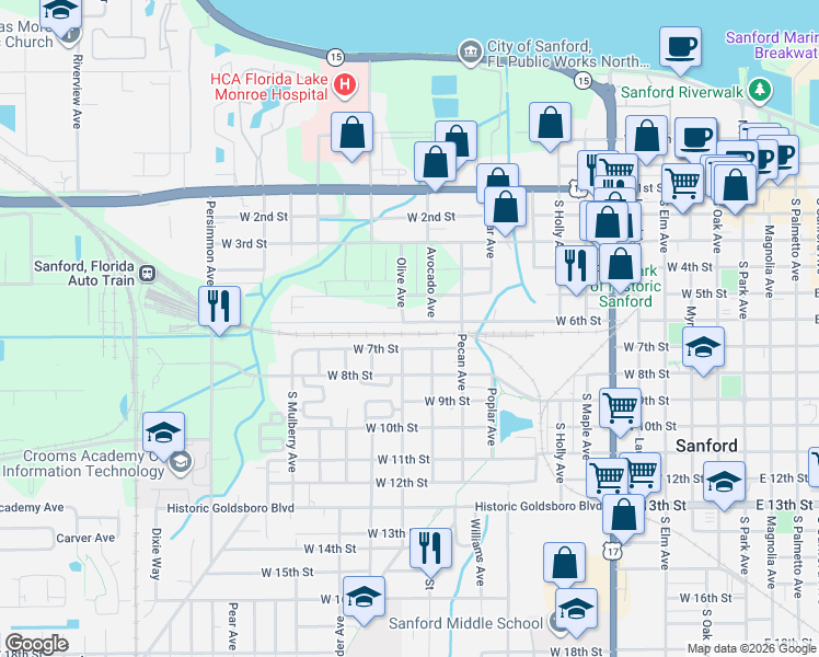 map of restaurants, bars, coffee shops, grocery stores, and more near 13 Cowan Moughton 14 Terrace in Sanford