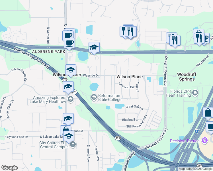 map of restaurants, bars, coffee shops, grocery stores, and more near 424 Kimberly Court in Sanford