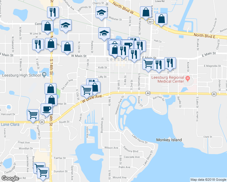 map of restaurants, bars, coffee shops, grocery stores, and more near 422 South 9th Street in Leesburg