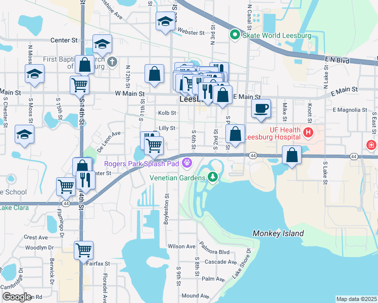 map of restaurants, bars, coffee shops, grocery stores, and more near 422 South 9th Street in Leesburg
