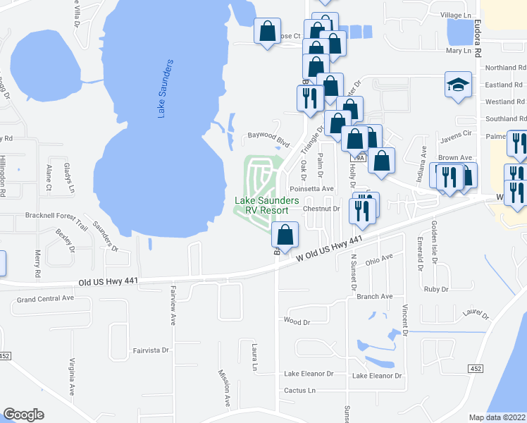 map of restaurants, bars, coffee shops, grocery stores, and more near 12 Palmetto Patch Road in Mount Dora