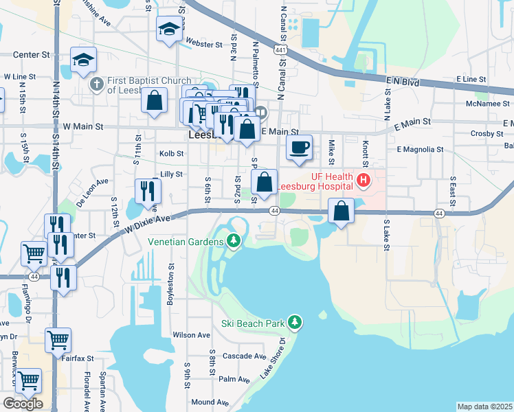 map of restaurants, bars, coffee shops, grocery stores, and more near 420 South Palmetto Street in Leesburg