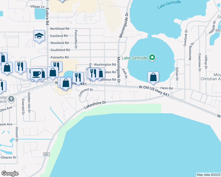 map of restaurants, bars, coffee shops, grocery stores, and more near 2101 Arbor Way in Mount Dora