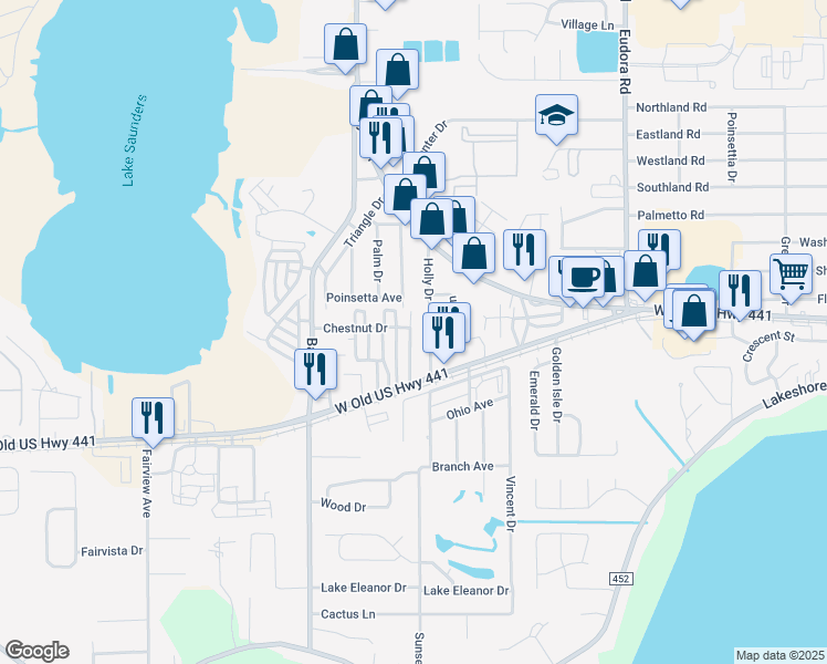 map of restaurants, bars, coffee shops, grocery stores, and more near 7 Peacock Drive in Mount Dora