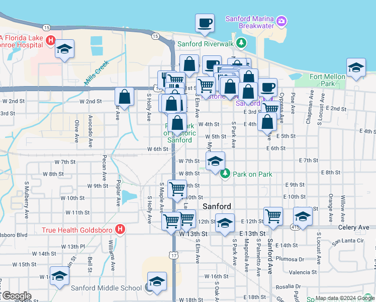map of restaurants, bars, coffee shops, grocery stores, and more near 417 West 6th Street in Sanford