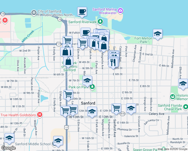 map of restaurants, bars, coffee shops, grocery stores, and more near 513 South Oak Avenue in Sanford