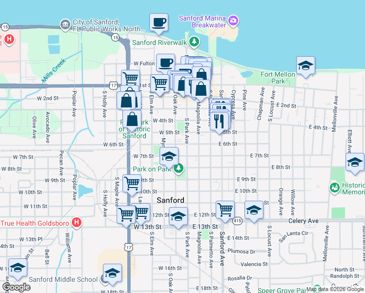 map of restaurants, bars, coffee shops, grocery stores, and more near 513 South Oak Avenue in Sanford