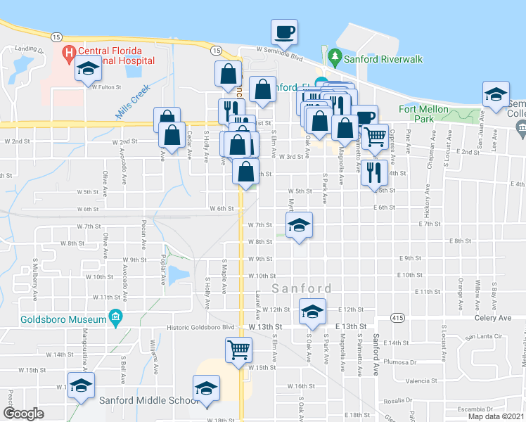 map of restaurants, bars, coffee shops, grocery stores, and more near 519 Laurel Avenue in Sanford