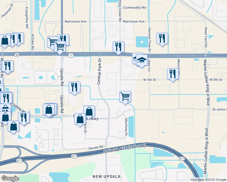 map of restaurants, bars, coffee shops, grocery stores, and more near 210 Cedar Bark Lane in Sanford