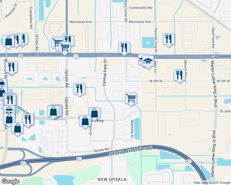 map of restaurants, bars, coffee shops, grocery stores, and more near 501 Central Park Drive in Sanford