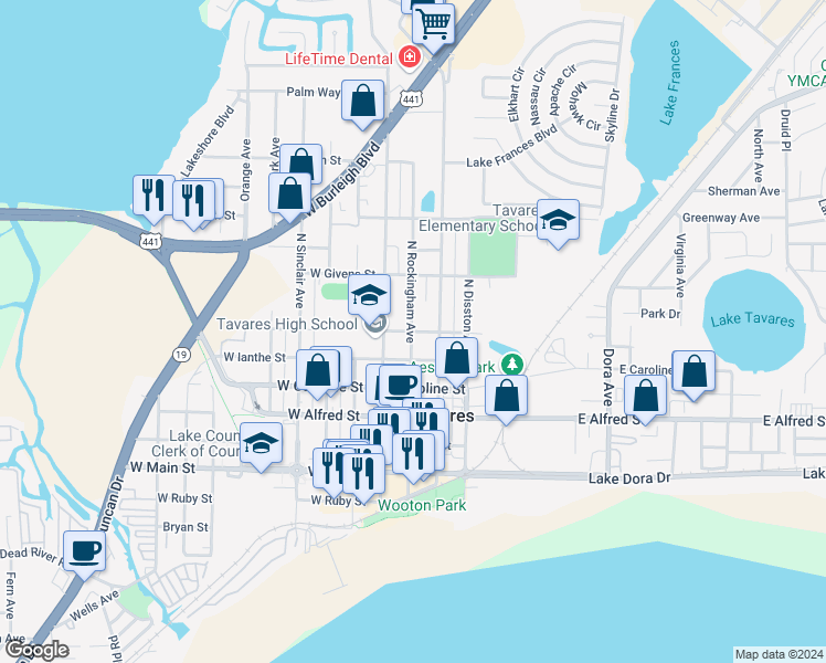 map of restaurants, bars, coffee shops, grocery stores, and more near 610 North New Hampshire Avenue in Tavares