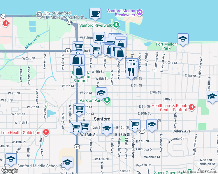 map of restaurants, bars, coffee shops, grocery stores, and more near 107 West 6th Street in Sanford