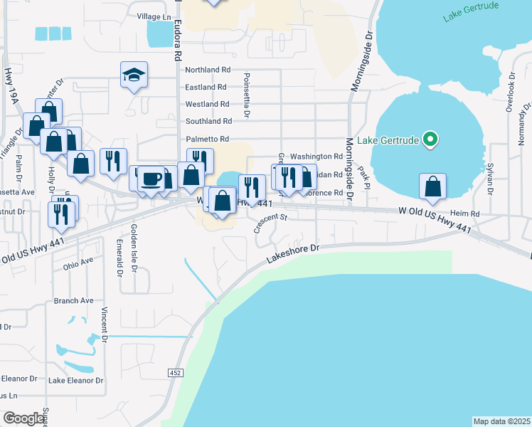map of restaurants, bars, coffee shops, grocery stores, and more near 2390 West Old US Highway 441 in Mount Dora