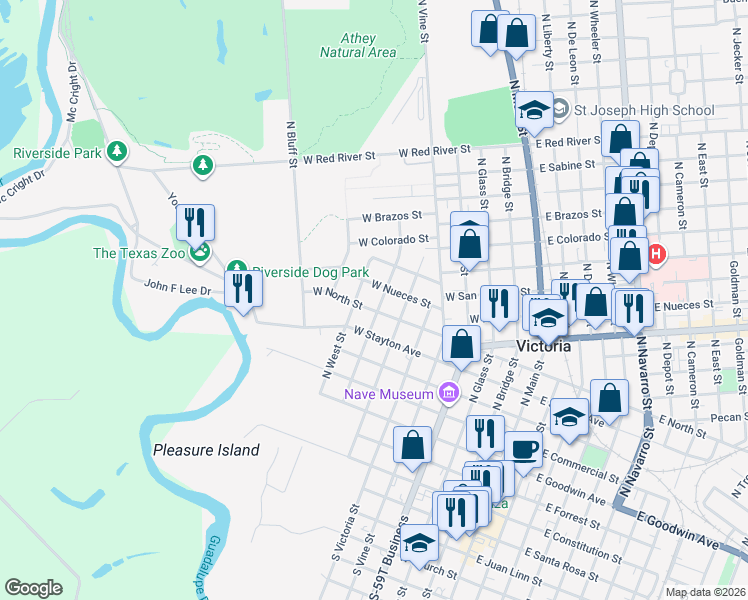 map of restaurants, bars, coffee shops, grocery stores, and more near 805 West Nueces Street in Victoria