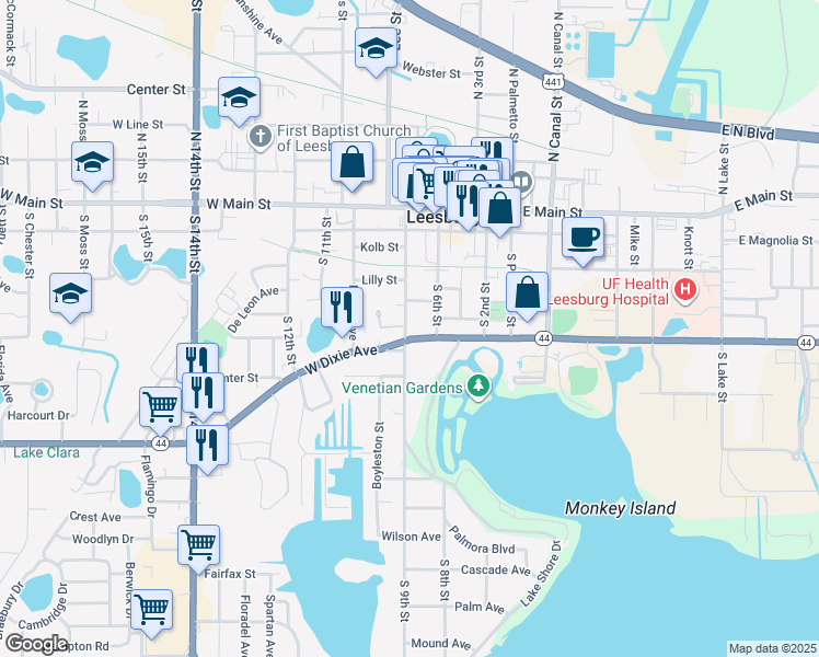 map of restaurants, bars, coffee shops, grocery stores, and more near 706 West Dixie Avenue in Leesburg