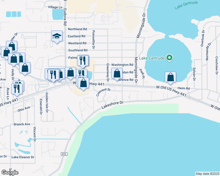 map of restaurants, bars, coffee shops, grocery stores, and more near 2390 West Old US Highway 441 in Mount Dora