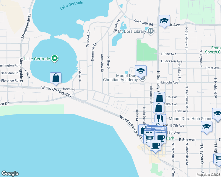 map of restaurants, bars, coffee shops, grocery stores, and more near 658 Gardner Street in Mount Dora