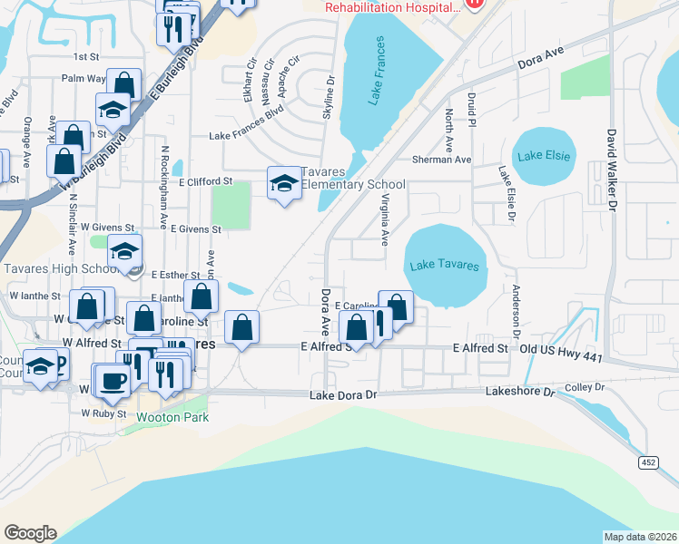 map of restaurants, bars, coffee shops, grocery stores, and more near 923 Park Drive in Tavares
