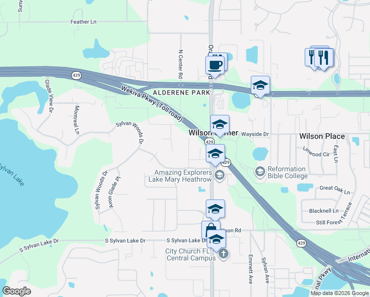 map of restaurants, bars, coffee shops, grocery stores, and more near 217 Capri Cove Place in Sanford