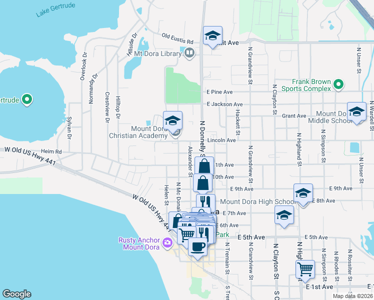 map of restaurants, bars, coffee shops, grocery stores, and more near 220 West 13th Avenue in Mount Dora