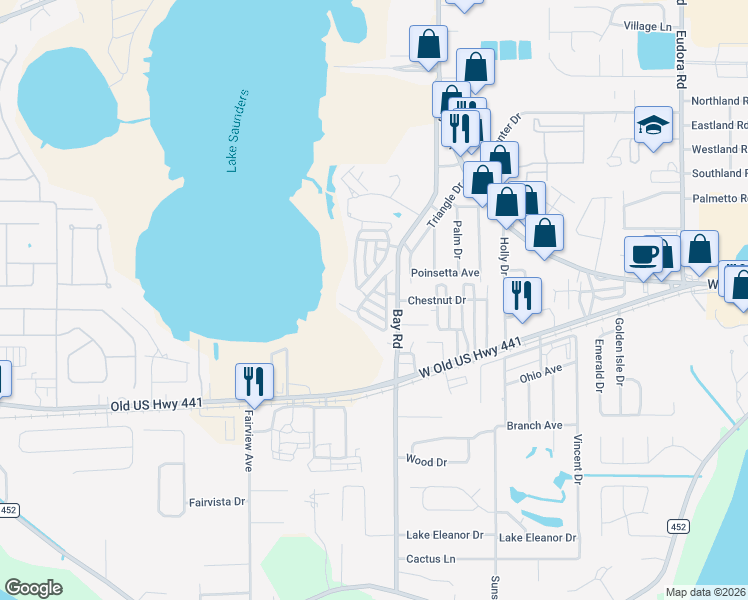 map of restaurants, bars, coffee shops, grocery stores, and more near 12 Palmetto Patch Road in Mount Dora