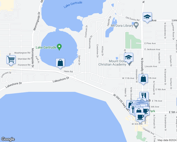 map of restaurants, bars, coffee shops, grocery stores, and more near 1001 West 11th Avenue in Mount Dora