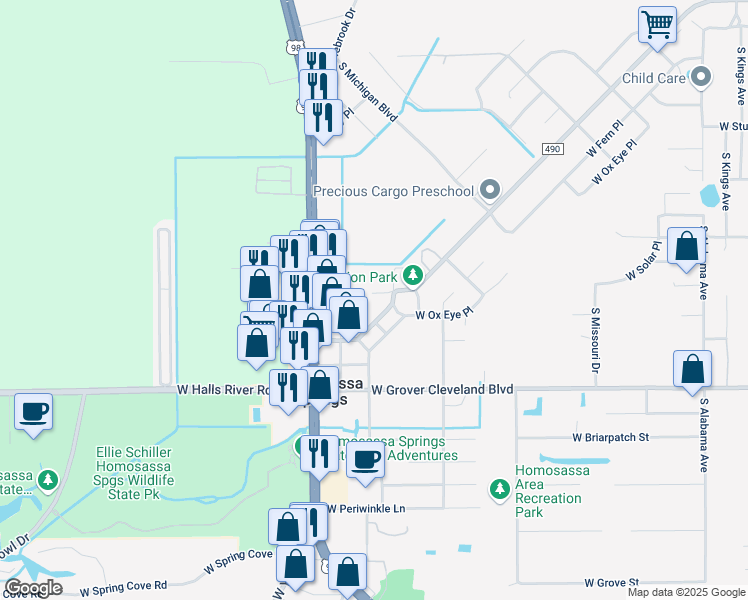 map of restaurants, bars, coffee shops, grocery stores, and more near 8301-8431 West Destiny Lane in Homosassa
