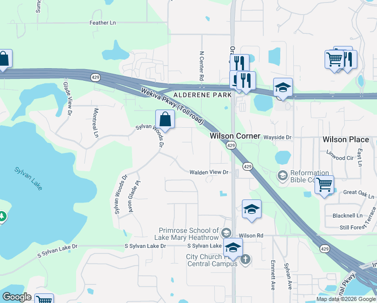 map of restaurants, bars, coffee shops, grocery stores, and more near 595 Milano Court in Sanford