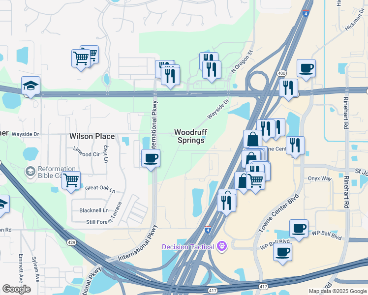 map of restaurants, bars, coffee shops, grocery stores, and more near 4935 Wayside Drive in Sanford