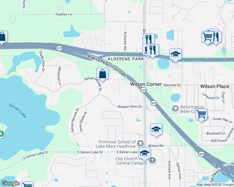 map of restaurants, bars, coffee shops, grocery stores, and more near 595 Milano Court in Sanford