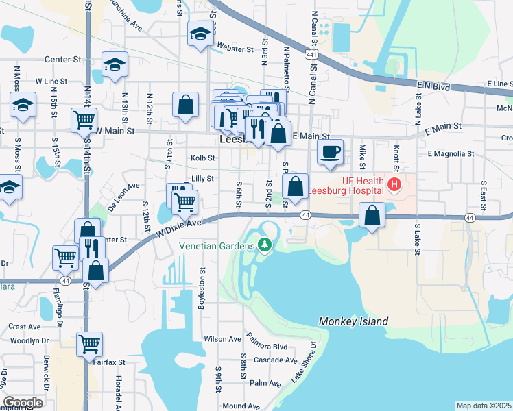 map of restaurants, bars, coffee shops, grocery stores, and more near 402 Hanson Avenue in Leesburg
