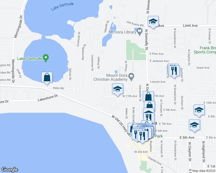 map of restaurants, bars, coffee shops, grocery stores, and more near 658 Gardner Street in Mount Dora