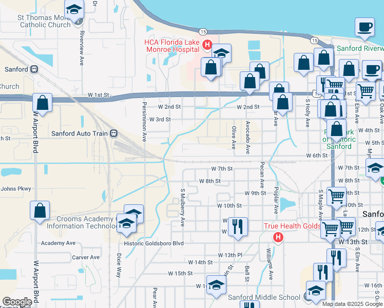 map of restaurants, bars, coffee shops, grocery stores, and more near 66 West 6th Street in Sanford