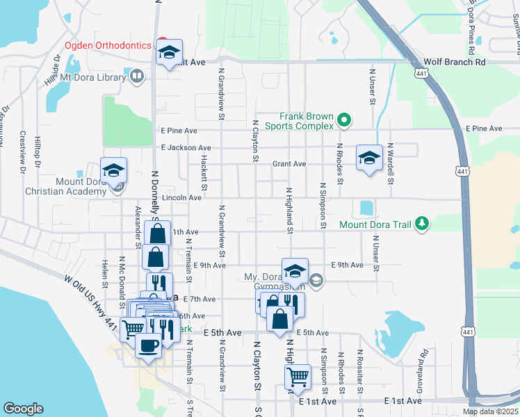 map of restaurants, bars, coffee shops, grocery stores, and more near 705 East 12th Avenue in Mount Dora