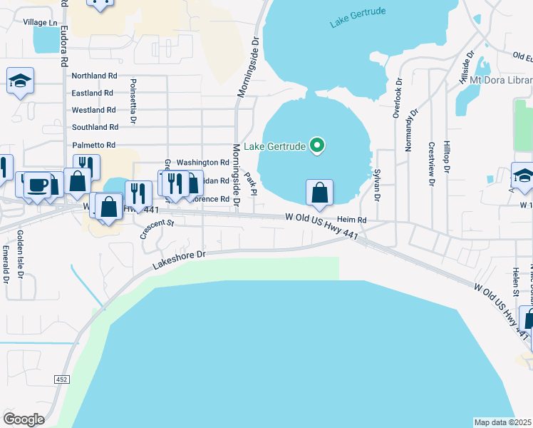 map of restaurants, bars, coffee shops, grocery stores, and more near 1801 West Old US Highway 441 in Mount Dora