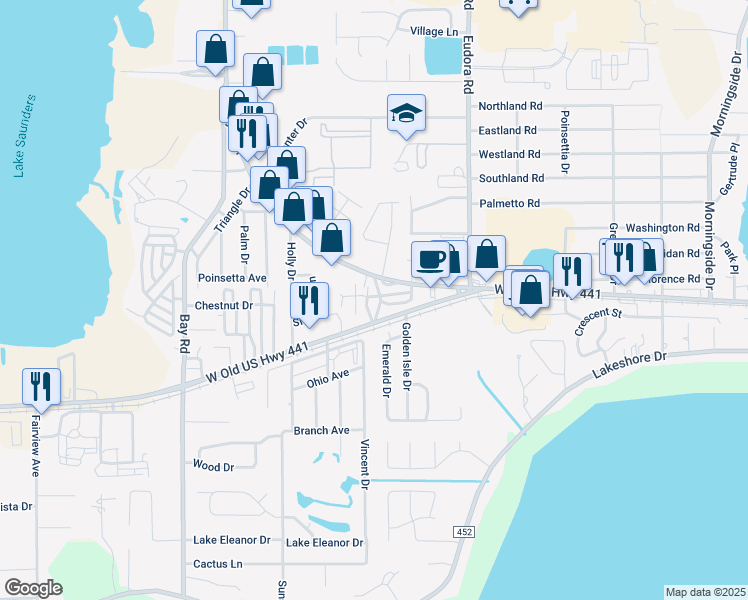 map of restaurants, bars, coffee shops, grocery stores, and more near 16 Sunset Boulevard in Mount Dora