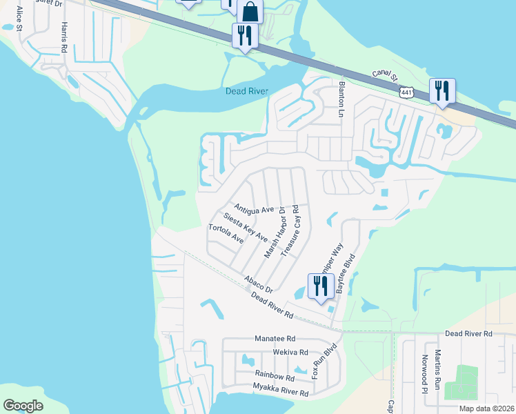 map of restaurants, bars, coffee shops, grocery stores, and more near 4527 Manica Drive in Tavares