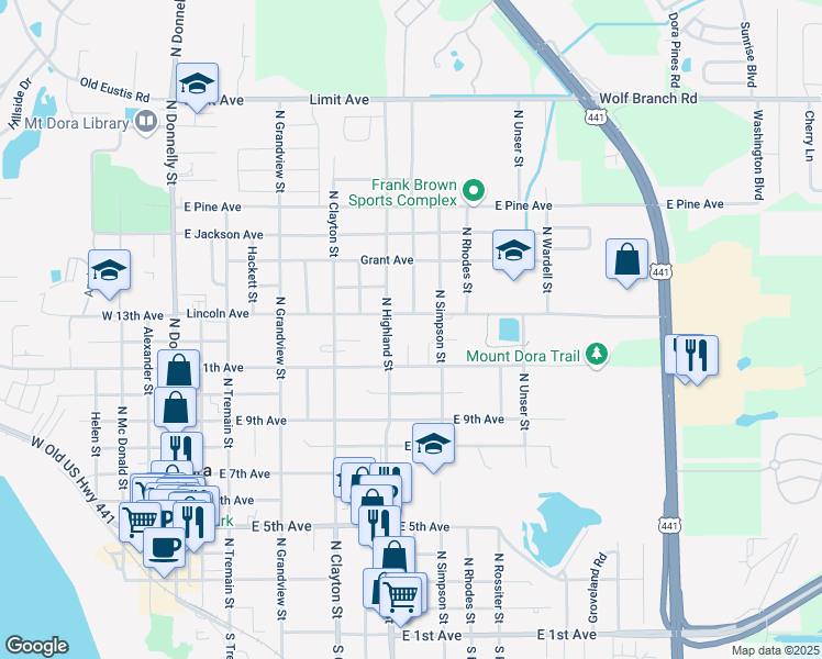 map of restaurants, bars, coffee shops, grocery stores, and more near 1250 North Highland Street in Mount Dora