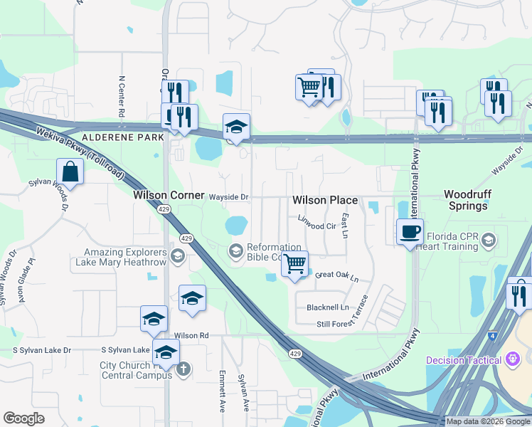 map of restaurants, bars, coffee shops, grocery stores, and more near 424 Kimberly Court in Sanford
