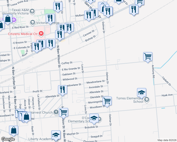 map of restaurants, bars, coffee shops, grocery stores, and more near 3310 Oaklawn Street in Victoria