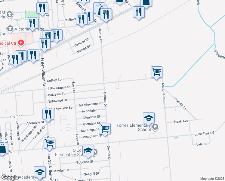 map of restaurants, bars, coffee shops, grocery stores, and more near 3701 East Rio Grande Street in Victoria