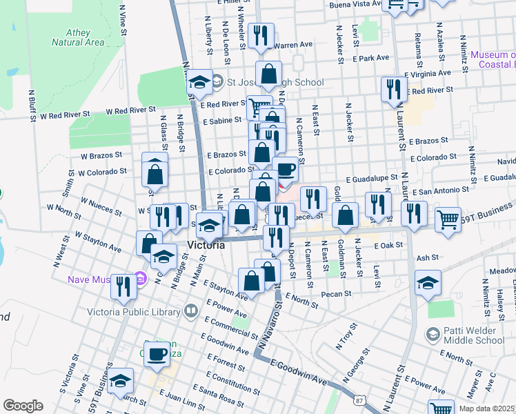 map of restaurants, bars, coffee shops, grocery stores, and more near 1306 North Wheeler Street in Victoria